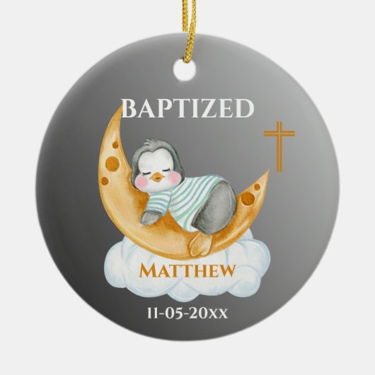 Cute Baptism Baby Penguin And Moon Keramik Ornament (Vorne)