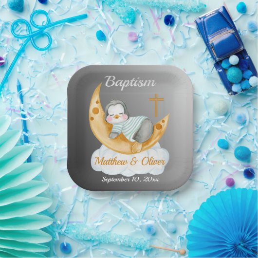 Cute Baptism Baby Penguin And Moon Pappteller (Party)