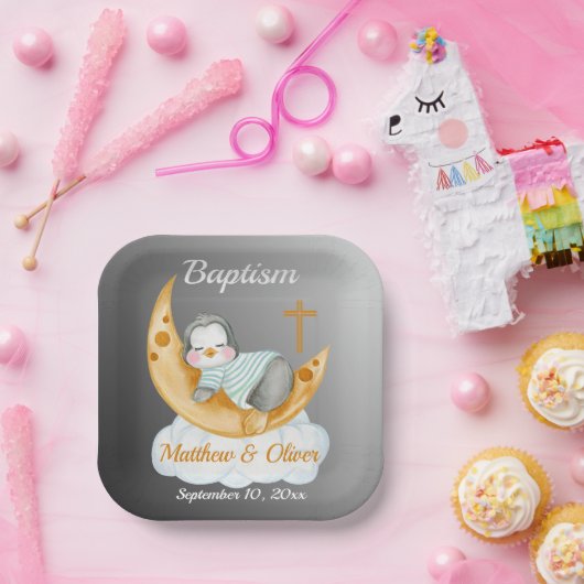 Cute Baptism Baby Penguin And Moon Pappteller (Party)