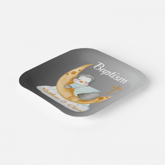 Cute Baptism Baby Penguin And Moon Pappteller (Gewinkelt)