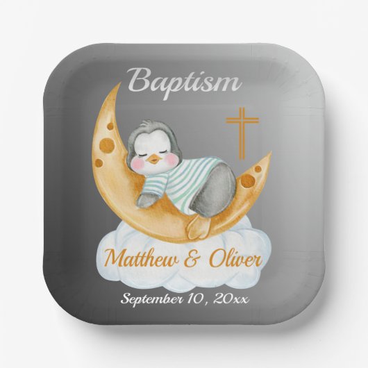 Cute Baptism Baby Penguin And Moon Pappteller (Vorderseite)