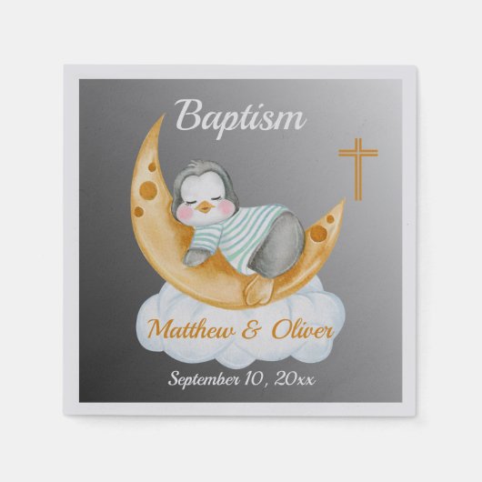 Cute Baptism Baby Penguin And Moon Serviette (Vorderseite)