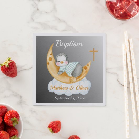 Cute Baptism Baby Penguin And Moon Serviette (Beispiel)