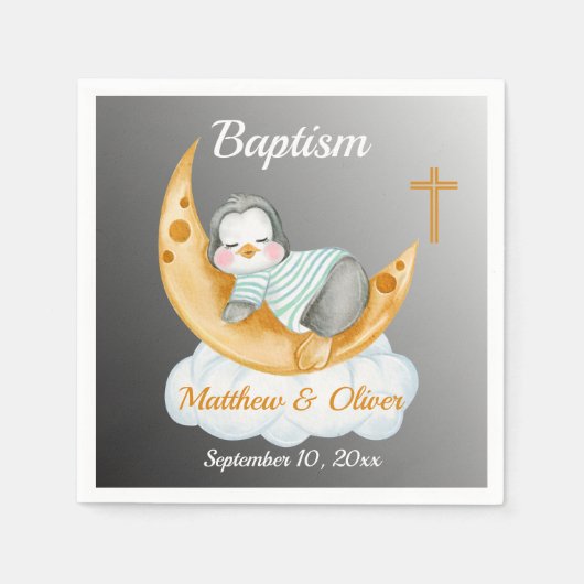 Cute Baptism Baby Penguin And Moon Serviette (Vorderseite)