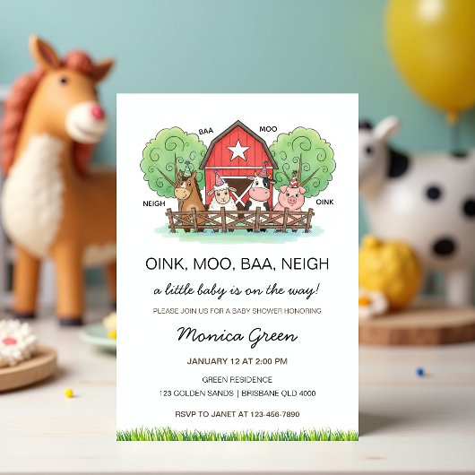Cute Barnyard Farm Animal Baby Shower  Einladung