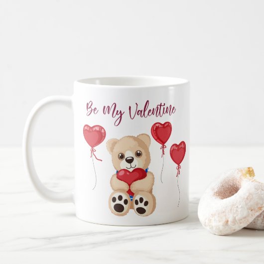 Cute Be My Valentine Teddy Bear with Heart Balloon Kaffeetasse (Mit Donut)