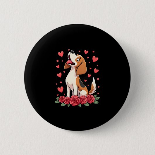 Cute Beagle with Red Roses Hearts Floral Valentine Button (Vorderseite)