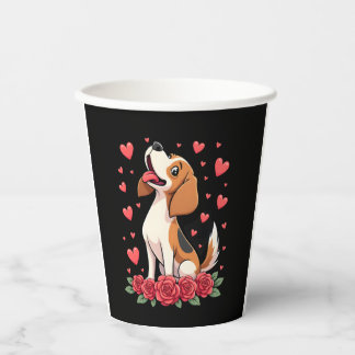 Cute Beagle with Red Roses Hearts Floral Valentine Pappbecher