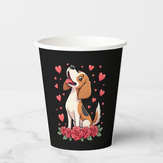 Cute Beagle with Red Roses Hearts Floral Valentine Pappbecher (Vorderseite)