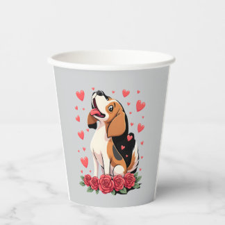 Cute Beagle with Red Roses Hearts Floral Valentine Pappbecher