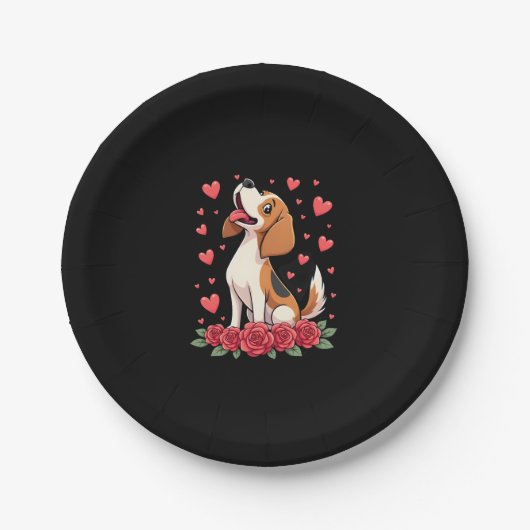 Cute Beagle with Red Roses Hearts Floral Valentine Pappteller (Vorderseite)