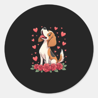 Cute Beagle with Red Roses Hearts Floral Valentine Runder Aufkleber