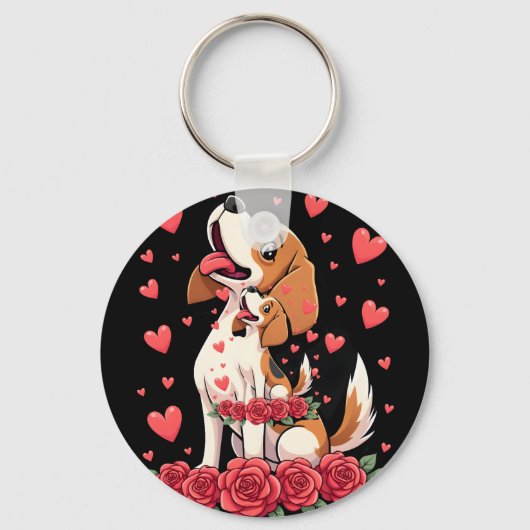 Cute Beagle with Red Roses Hearts Floral Valentine Schlüsselanhänger (Vorderseite)