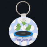 Cute beans jumping trampoline cartoon illustration schlüsselanhänger<br><div class="desc">These 3 green beans are having a great time jumping on a trampoline. Drawn in cute cartoon illustration style.</div>