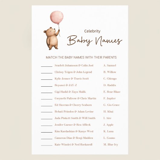 Cute Bear Balloon Baby Shower Celebrity Names Game Flyer
