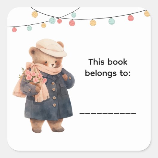 Cute Bear Book Labels Quadratischer Aufkleber (Vorderseite)