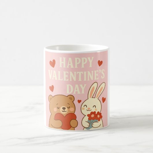 Cute Bear & Bunny Valentine's Day Mug – Pink Heart Kaffeetasse (Mittel)