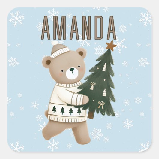 Cute Bear Christmas Tree Snowflakes Kids Name Quadratischer Aufkleber (Vorderseite)