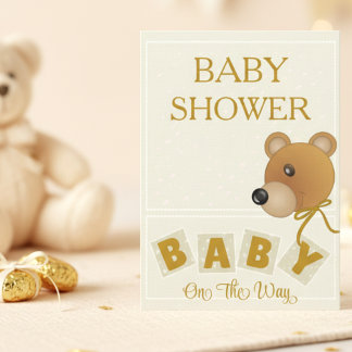 Cute Bear Cream & Gold Baby Shower Invitation Einladung