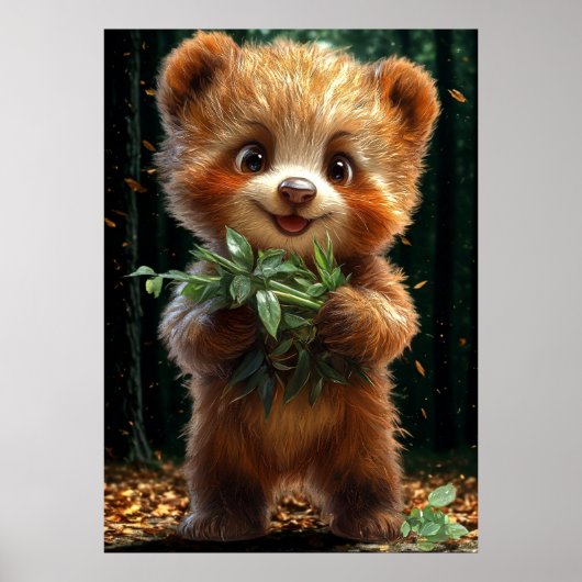 Cute Bear Cub with Greenery Poster (Vorne)