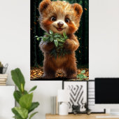Cute Bear Cub with Greenery Poster (Heimbüro)