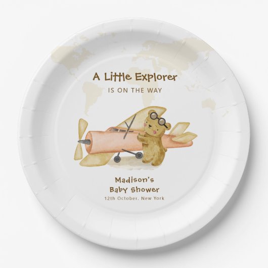 Cute Bear Explorer World Map Airplane Baby Shower  Pappteller (Vorderseite)