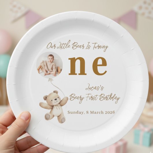 Cute Bear First Birthday Photo Party Paper Plates Pappteller