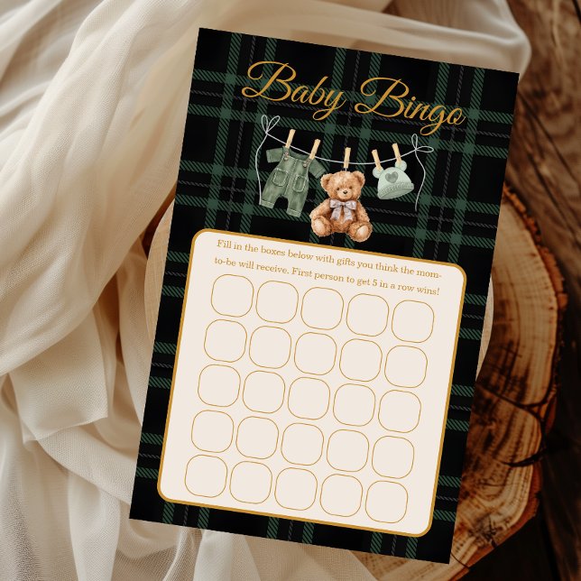 Cute Bear Forest Plaid Baby Shower Bingo Game (Von Creator hochgeladen)