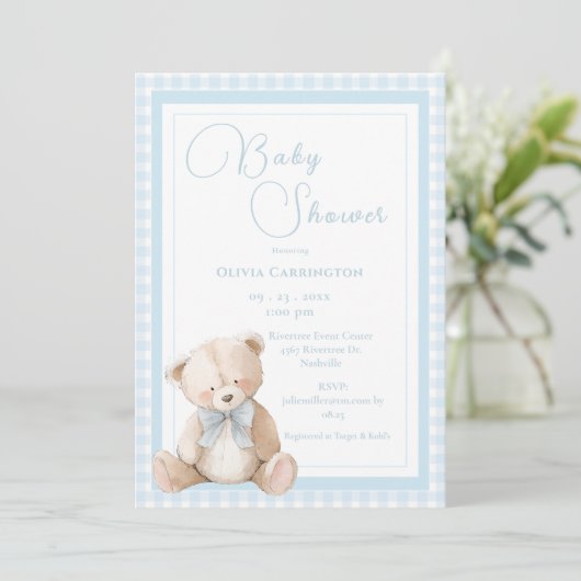 Cute Bear Gingham Vintage Baby Shower Einladung (Stehend Vorderseite)