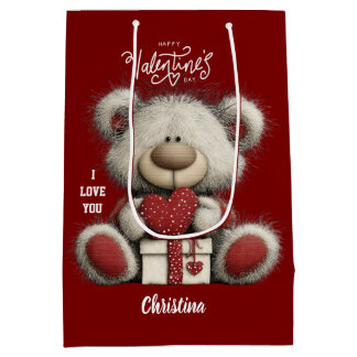 Cute Bear Happy Valentines Day Custom Name  Mittlere Geschenktüte