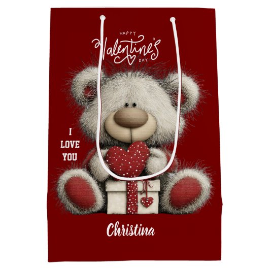 Cute Bear Happy Valentines Day Script Name  Mittlere Geschenktüte (Rückseite)