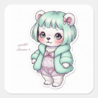 Cute Bear in Lingerie & Fur Coat - Unique Pastel  Quadratischer Aufkleber
