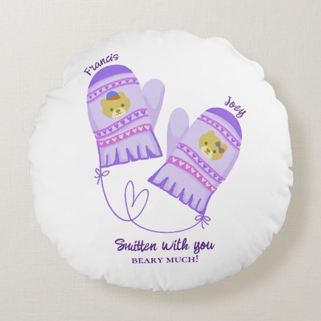 Cute Bear Mittens Personalized Lovers Round Pillow Rundes Kissen (Vorderseite)