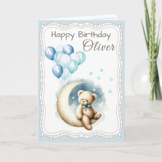 Cute Bear on the Moon Birthday Card for Boy Karte (Vorderseite)