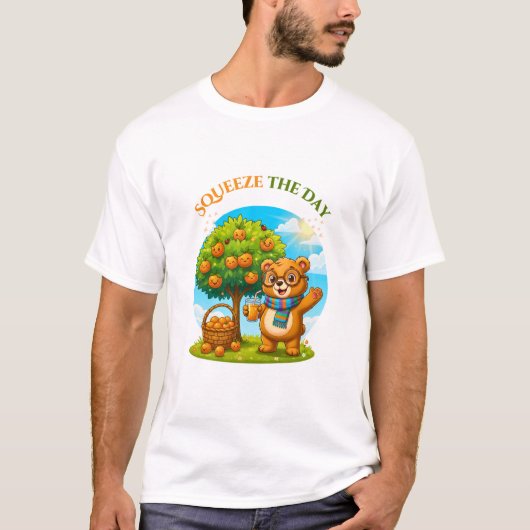 Cute Bear & Orange Tree - Squeeze The Day Illustra T-Shirt (Vorderseite)