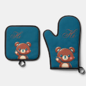 Cute Bear Oven Mitt and Pot Holder Set – Teal Blue (Vorderseite)