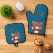 Cute Bear Oven Mitt and Pot Holder Set – Teal Blue (Oben Unten)