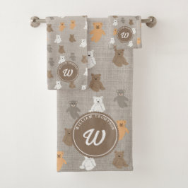 Cute Bear Pattern Initial Monogram Badhandtuch Set