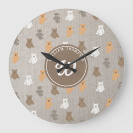 Cute Bear Pattern Initial Monogram Große Wanduhr