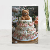 Cute Bear Pink Roses White Daisies Happy Birthday Karte (Vorderseite)