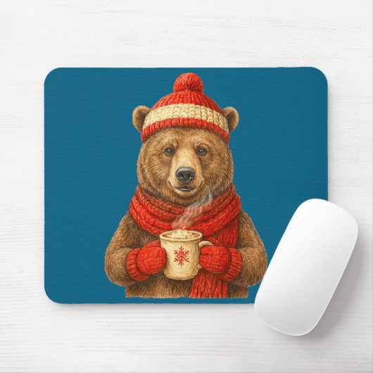 Cute Bear With Santa Hat Coffee Lover Funny Winter Mousepad (Mit Mouse)