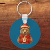Cute Bear With Santa Hat Coffee Lover Funny Winter Schlüsselanhänger (Vorderseite)