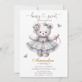 Cute bearly sweet  girl birthday  Invitation Einladung