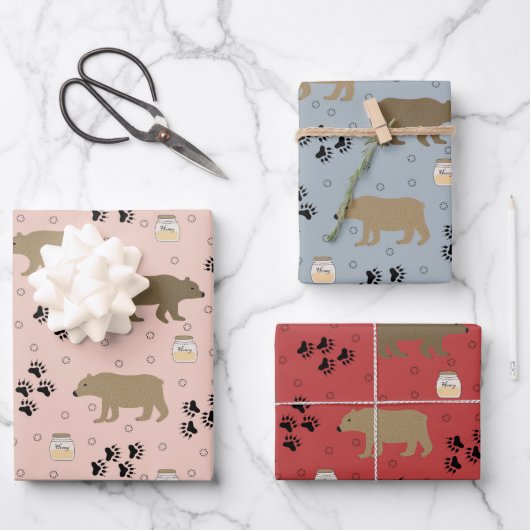 Cute Bears Footprints and Honey on Pink Blue & Red Geschenkpapier Set (Vorderseite)
