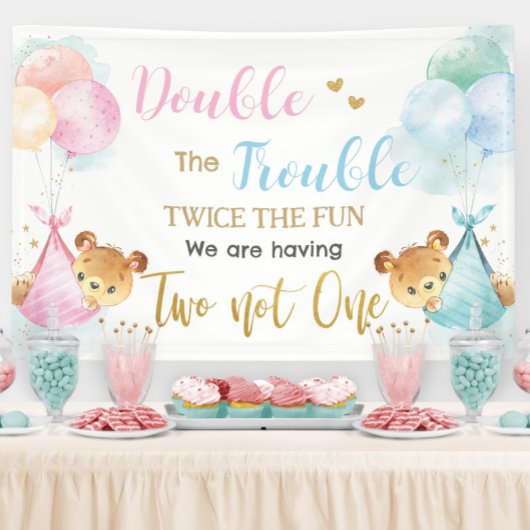 Cute Bears Twins Boy Girl Baby Shower Backdrop Banner