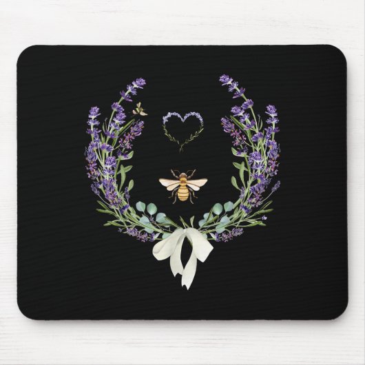 Cute Bee Bow Lavender Flower Heart Botanical Natur Mousepad (Vorne)