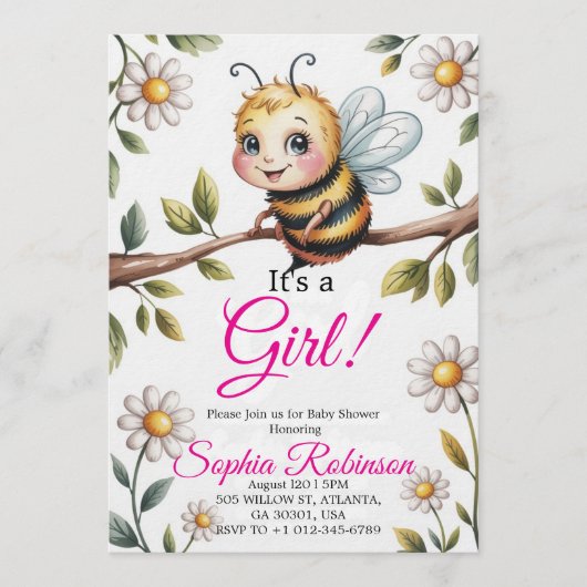 Cute Bee & Daisy Baby Shower Invitation Einladung (Vorderseite)