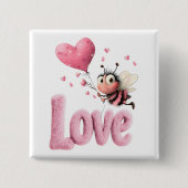 Cute Bee Fluffy Pink Love Heart Balloon  Button (Vorderseite)