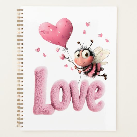 Cute Bee Fluffy Pink Love Heart Balloon  Planer (Vorderseite)