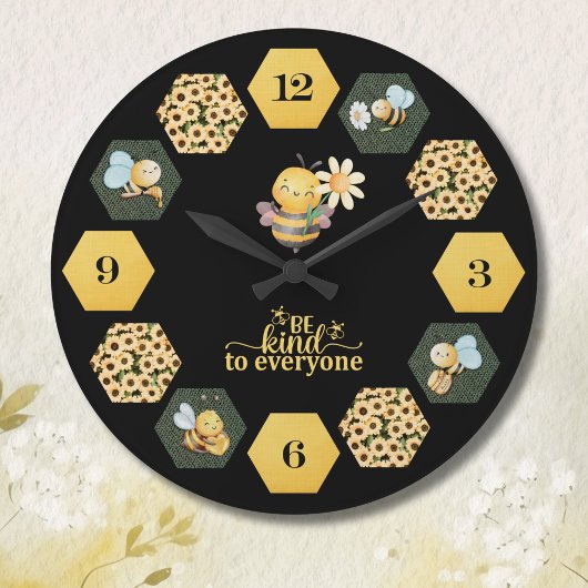 Cute Bee Honeycomb and Sunflower Große Wanduhr